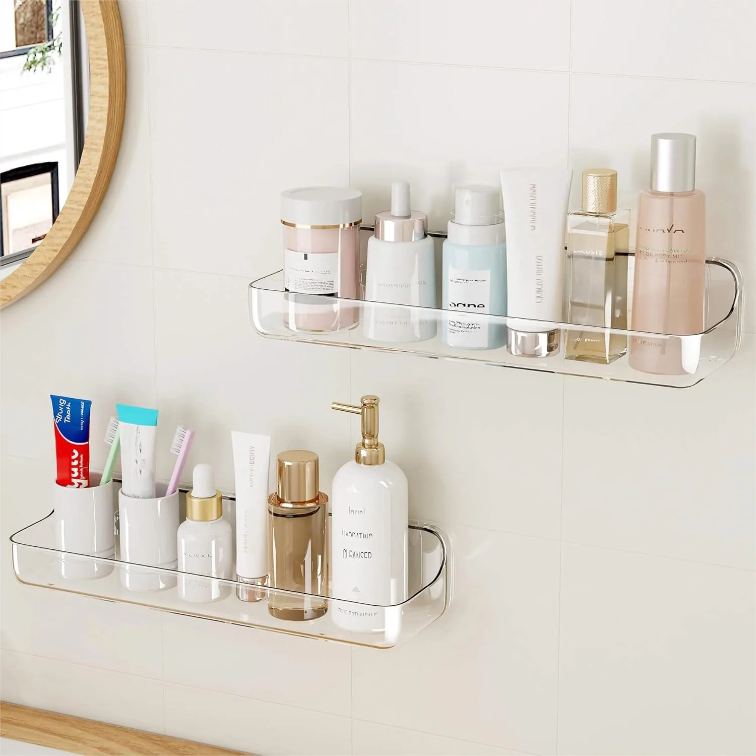 

Clear Acrylic Shower Caddy Shelf, 2pc Adhesive Organizer with Self Stick Tape for Bathroom Kitchen, No Drilling Wall Mount