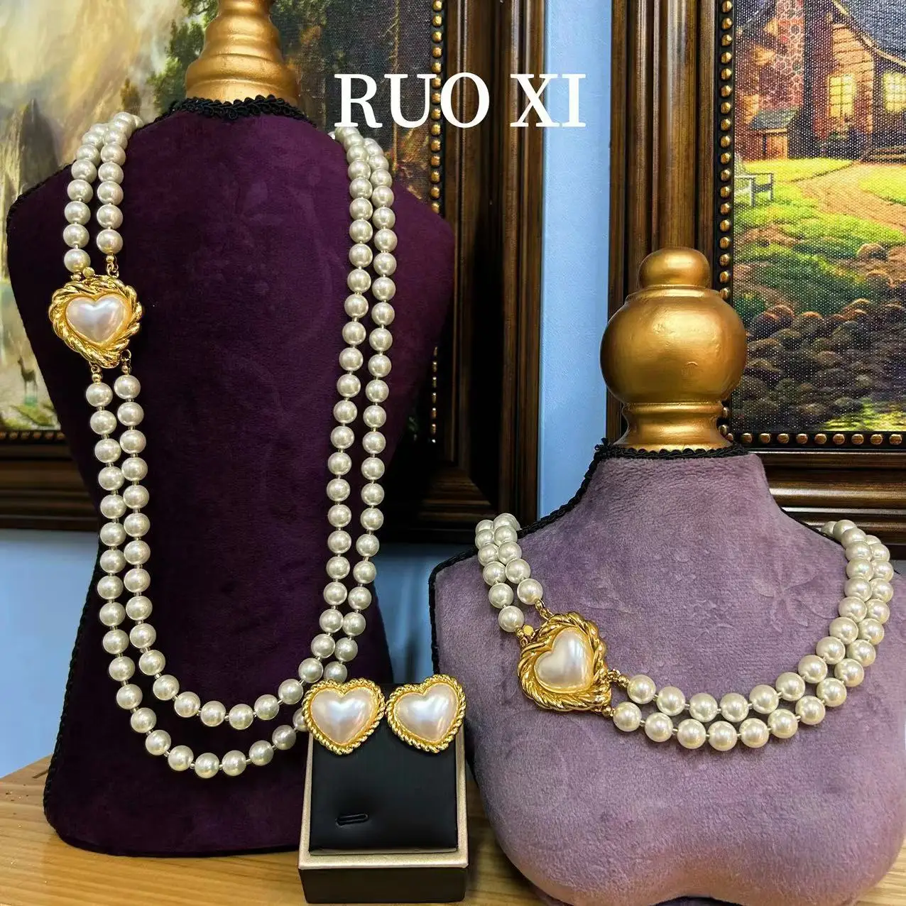 Vintage Medieval Jewelry Set for Women Pearl Long Sweater Chain Love Necklace Wedding Accessories Gift Luxury Party Show Palace