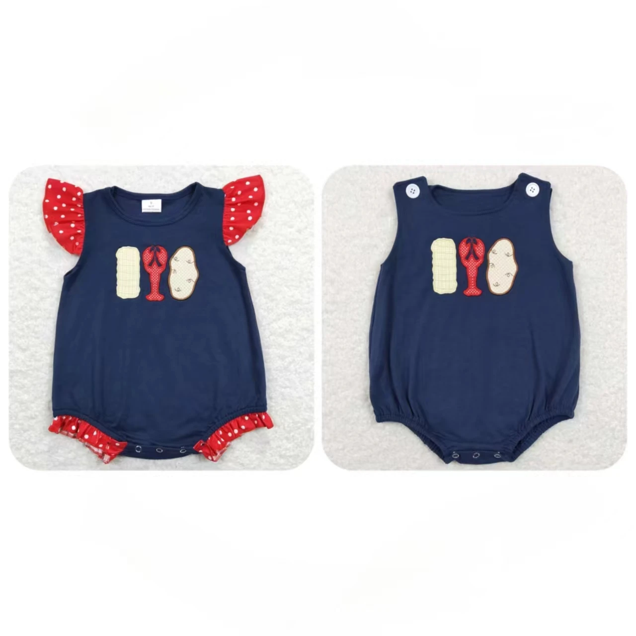 

Wholesale Toddler Baby Boy Girl Romper Newborn Summer Embroidery Crawfish Potato One-piece Kids Children Cotton Clothing