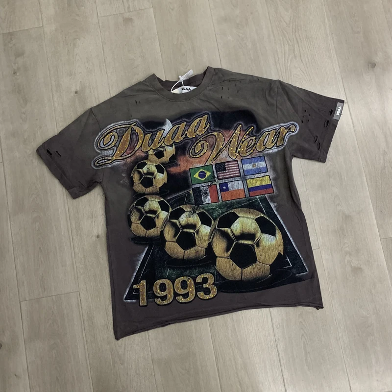 Summer DUAA Tshirt Vintage Washed Worn Cut Torn Hot Drill Letter Football Flag Graffiti Pattern Hiphop Streetwear Tops Men Women