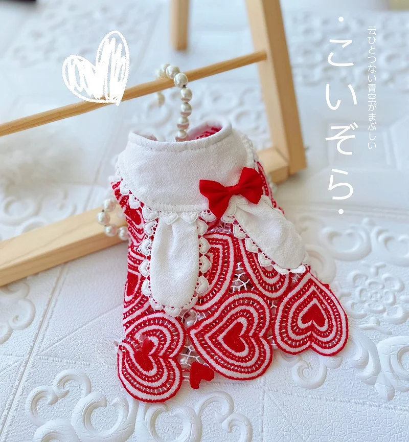 

Handmade Unique Design Sweet Dog Clothes Hollowed Out Lace Pet Dress Cute Rabbit Ears Red Heart Cat Outwear Poodle Maltese