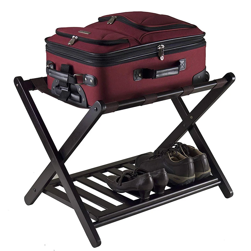 Foldable Luggage Rack Wooden Floor Standing with Shoes Shelf Suitcase Stand for Hotel Travel Home