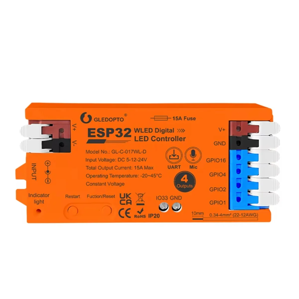 AA98 ESP32 WLED Controller with 4 Outputs 15A Fuse Mic Sound Dynamic Lights DIY Energy Saving Relay Level Shifter IC Orange