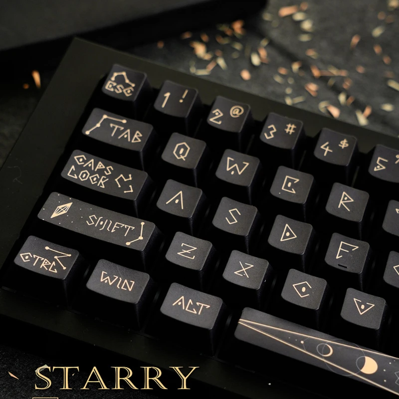 Star Spectrum Line Theme Keycaps PBT Sublimation Retro Black Cherry Keycaps 144 Keys Caps Suit for Mechanical Keyboard Gifts