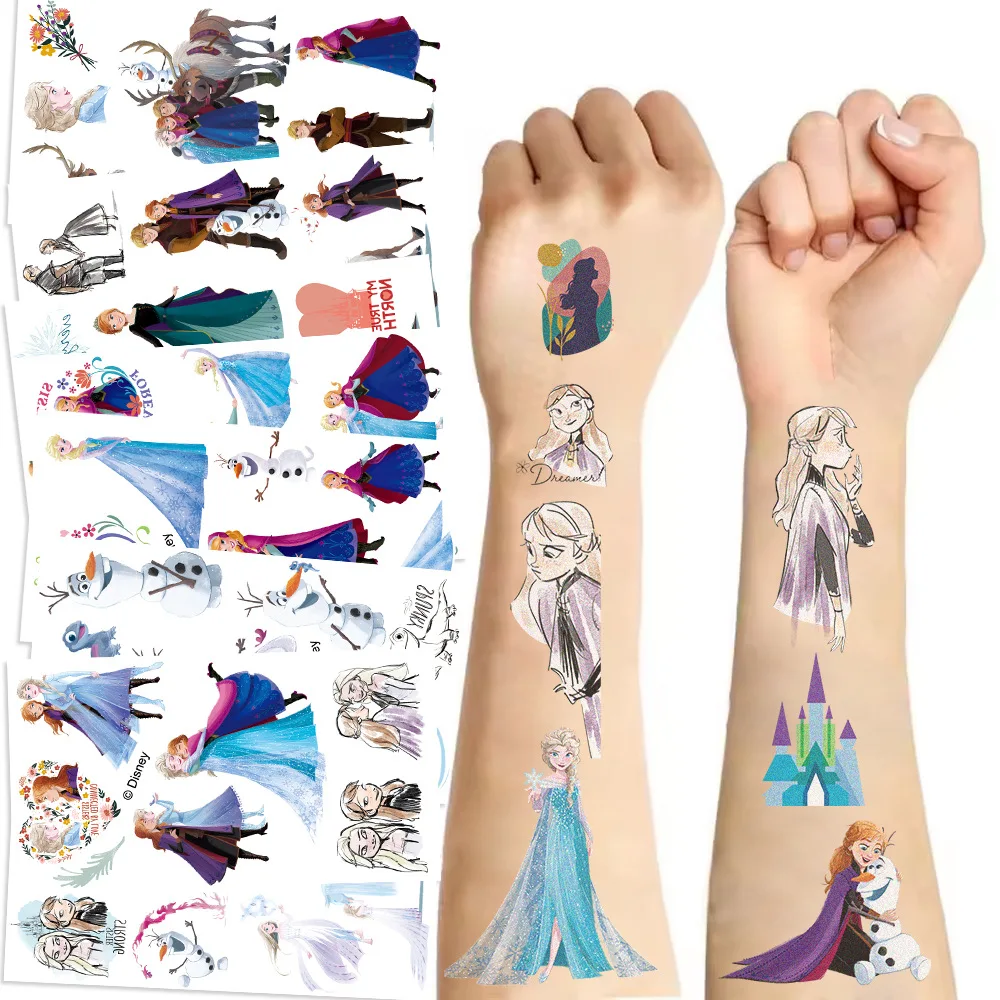 Pegatinas de tatuaje de Frozen de princesa Disney para niños, tatuajes de dibujos animados, juguetes de arte corporal falso, regalo de cumpleaños, 10 piezas