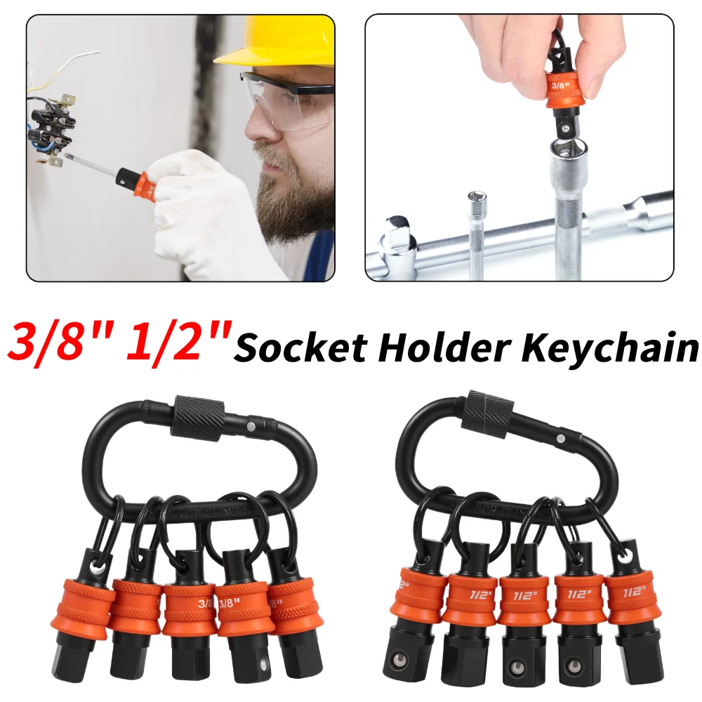 

5PCS Square Socket Adapter Holder Keychain 3/8" 1/4" Socket Organizer with Quick Release & Clip for Construction Workers Linemen