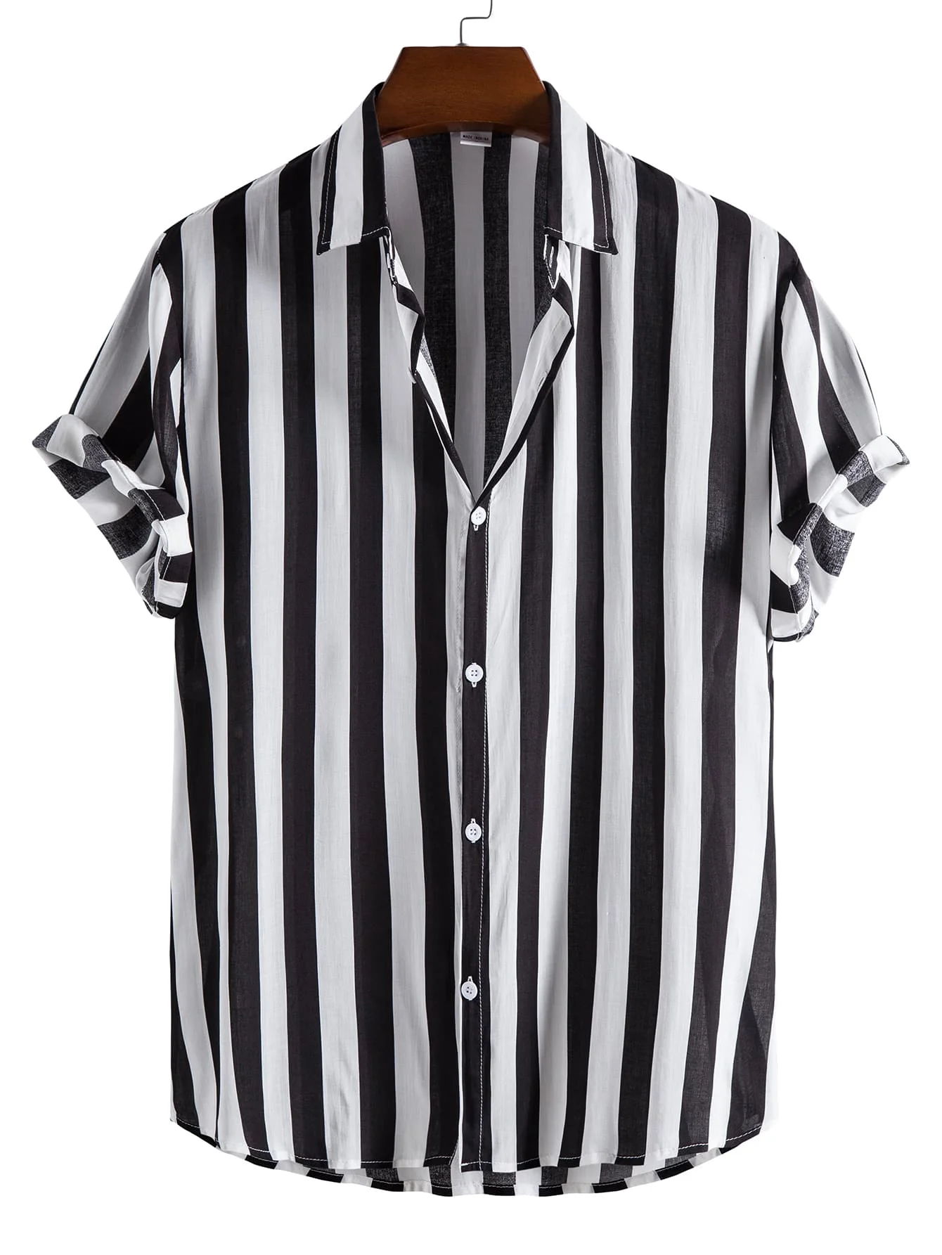 

Men's Black and White Vertical Striped Button-Up Shirt, Short Sleeve, Casual Style