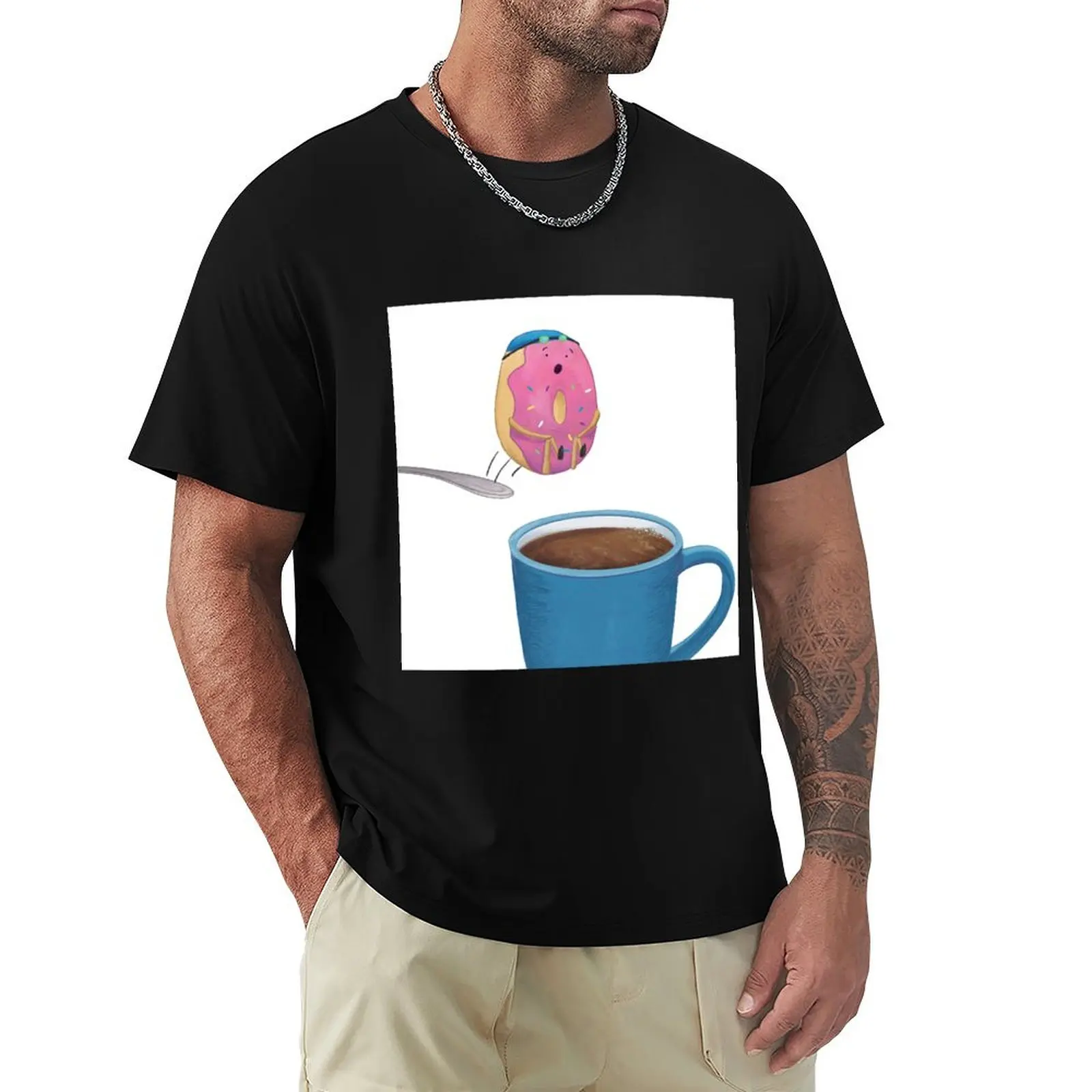 Donut Jumping Into Coffee Cup T-Shirt Casual Everyday Short Sleeve T-Shirt