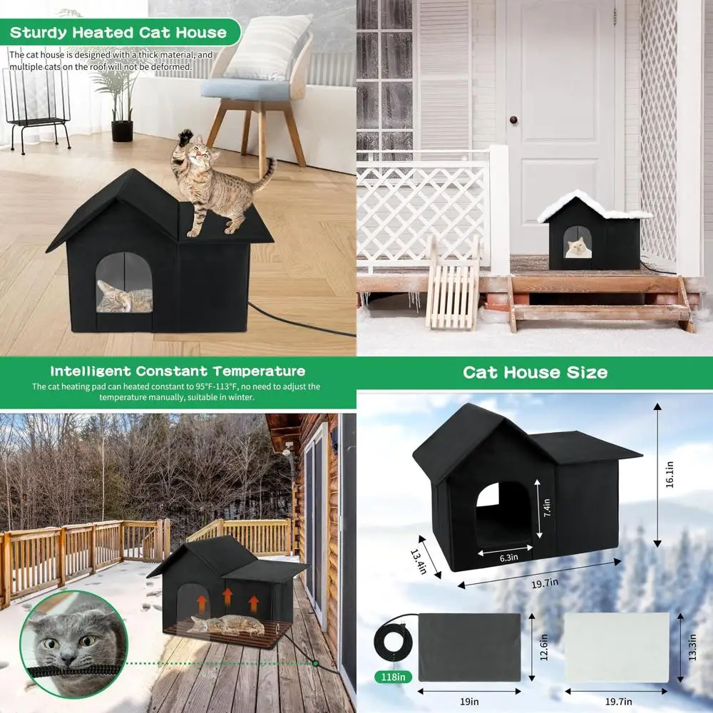 

Изолированное укрытие для кошек на открытом воздухе с грелками для нескольких кошек, устойчивое к атмосферным воздействиям, 19,7x13,4x16,1 дюйма, черный