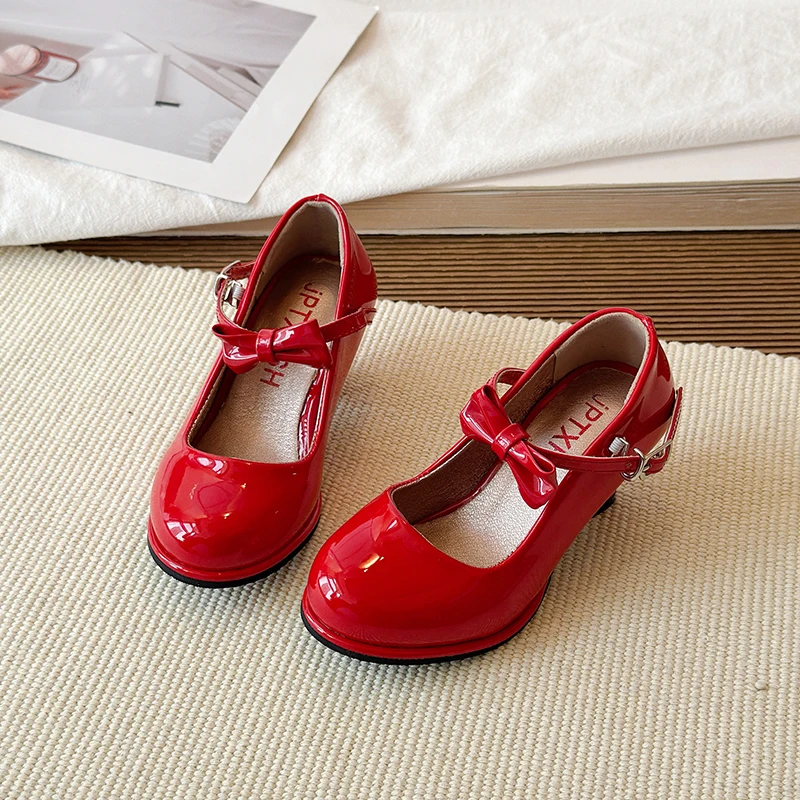 Fashion Girls High Heels Glossy Bowtie Kids Leather Shoe Spring Autumn Children Causal Princess Dress Shoes for Evening Party