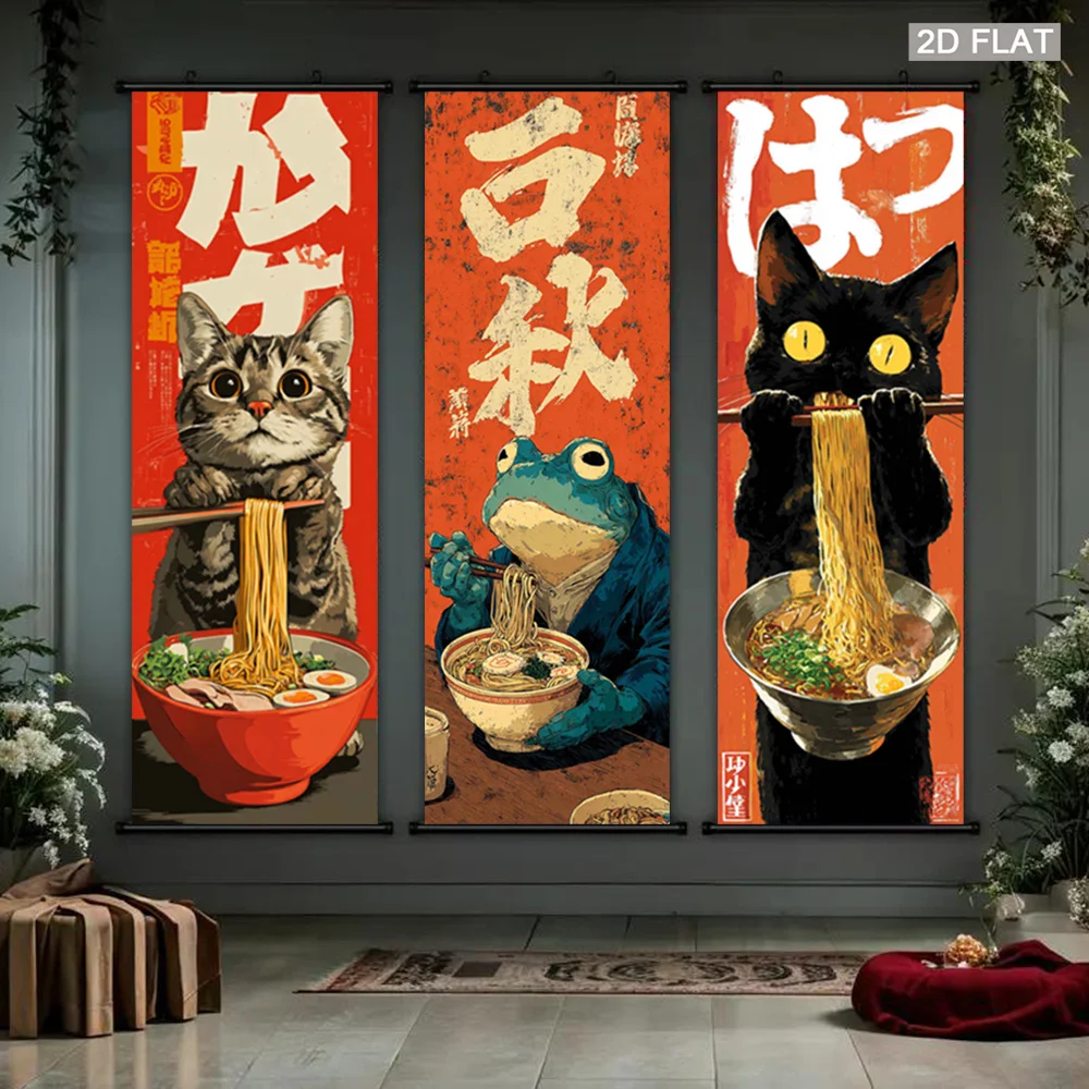 VIKAMA Japanese Cat Frog Ramen Wall Art Hanging Scroll Poster Vintage Funny Canvas Painting for Kitchen Living Room Decor