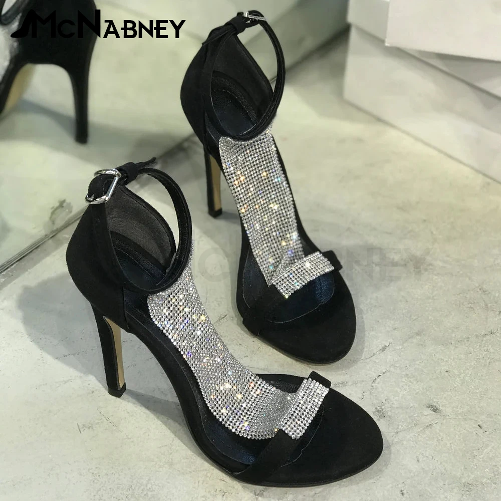 

Black Crystal Sandals Suede Stiletto Summer Shoes Round Toe Bling Bling High Heels Buckle Sandals for Women Fashion Style Shoes