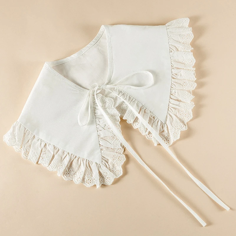 

Royal Style Cotton Fake Collar Shawl Wrap Hollow Out Floral Lace Ruffled Trim Necklace Pointed for Triangle Lapel Blouse