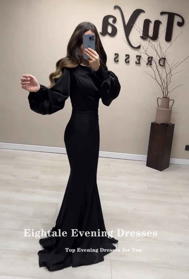 Eightale Formal Women\'s Evening Dresses Arabic O-Neck Black Long Sleeves Customized Satin Mermaid Party Prom Gown robe de soirée