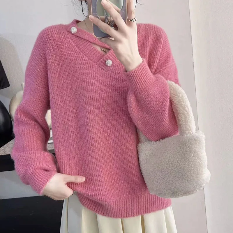 

2026 модный новый пуловер, свитер, весна-осень, женский повседневный универсальный темперамент, рубашка с v-образным вырезом, трикотаж, женский топ