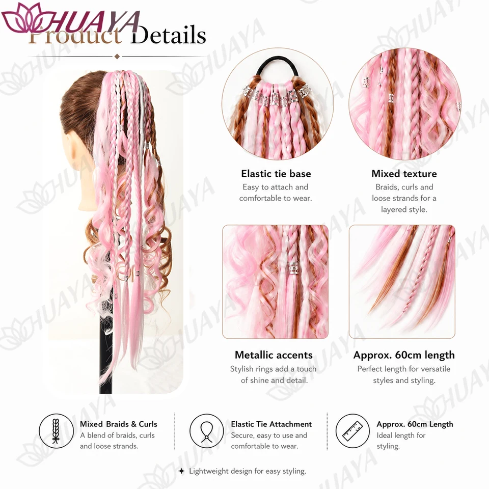 Boho Synthetic Braided Ponytail Extension for Women with Beads Dreadlock Hair Tie Festival Party Hair Accessories