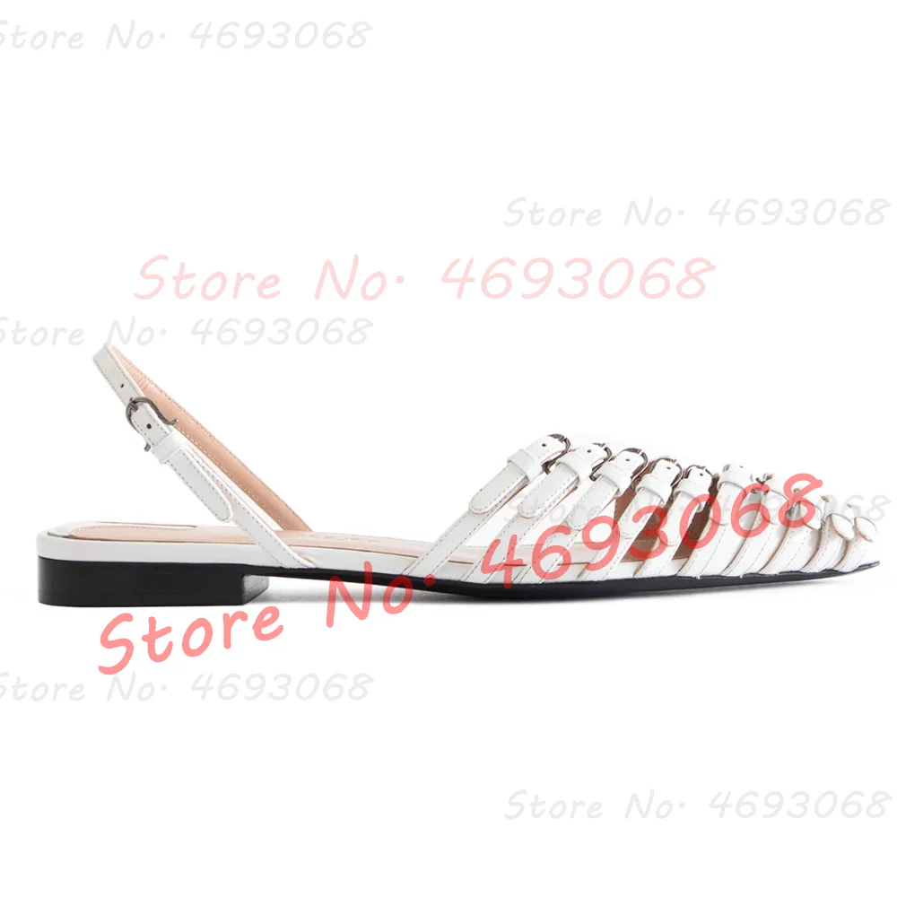 Red Multi Buckle Straps Flat Sandals Women Stylish Back Strap Pointy Toe Comfy Shoes Trendy Belt Buckles Metallic Leather Sandal