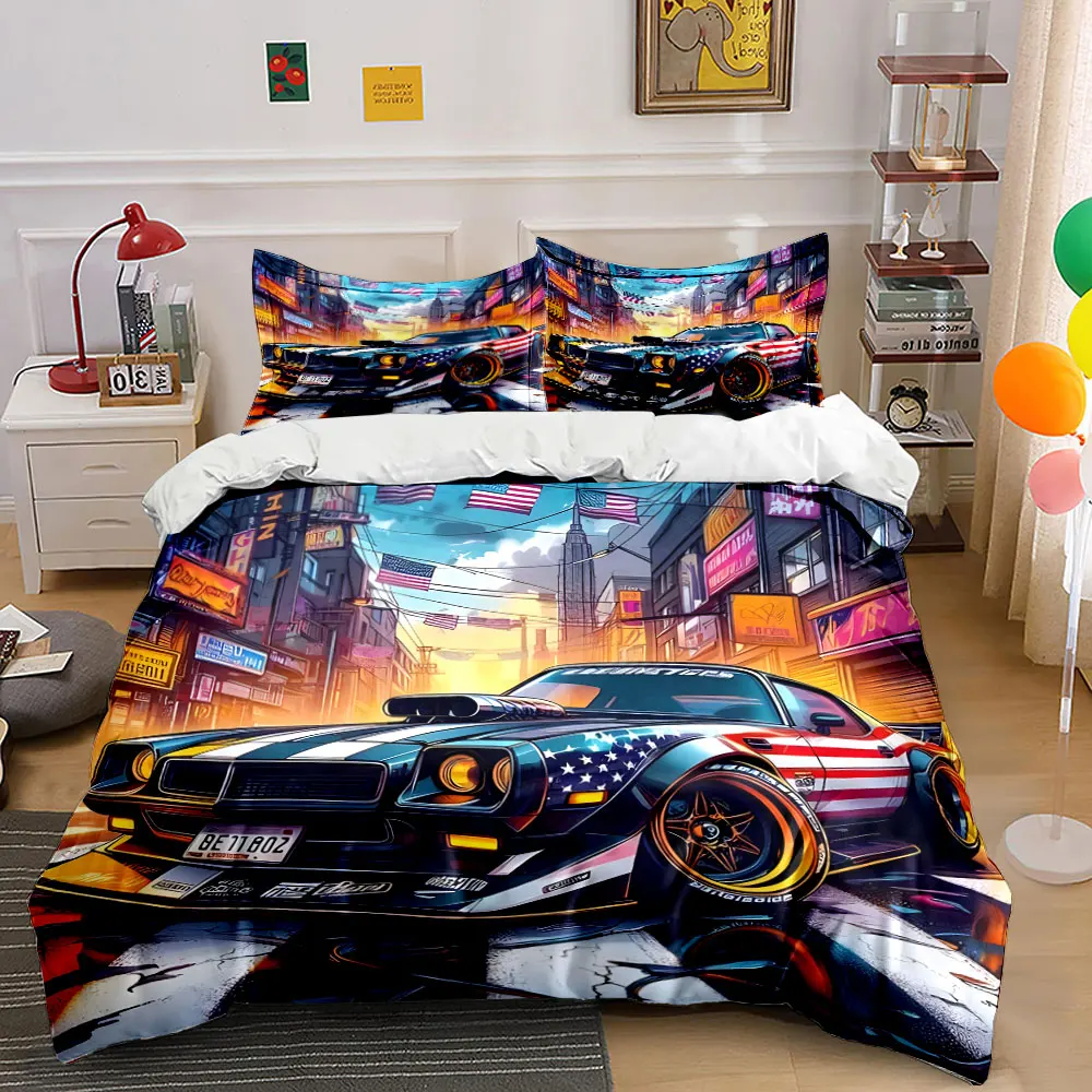 Retro Race Car on Neon Street Print Bedding Set 1 Duvet Cover 2 Pillowcases for Adult and Children Luxury Gift Full Size