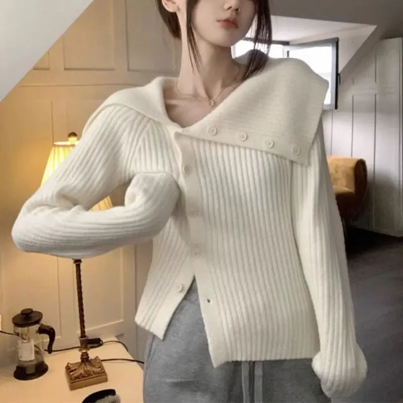 

French Style Irregular Cardigan Knitted Female Clothing Slim Solid Color Autumn Winter Chic Skew Collar Single-breasted Sweaters