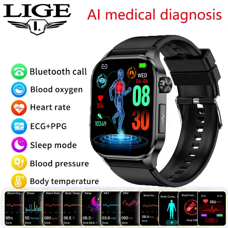 LIGE ECG Smartwatch SOS Bluetooth Call Waterproof Sports Smart Watch 2.04\'\' HD Screen Men Health Monitoring Bracelets For Xiaomi