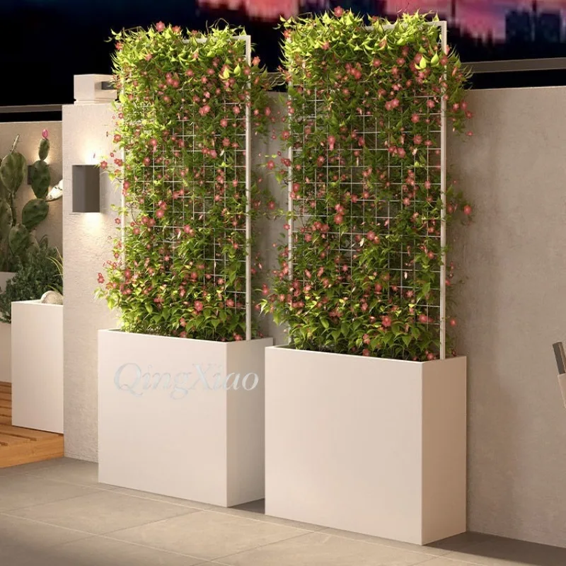 Metal Planter Box with Trellis Grid Lattice for Climbing Plants, Sturdy Rust Resistant Metal, Patio Balcony Courtyard Garden