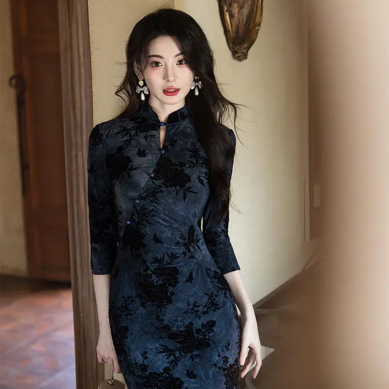 three-quarter-sleeve-women-qipao-autumn-winter-satin-jacquard-slim-cheongsam-mandarin-collar-evening-party-dress-vestidos
