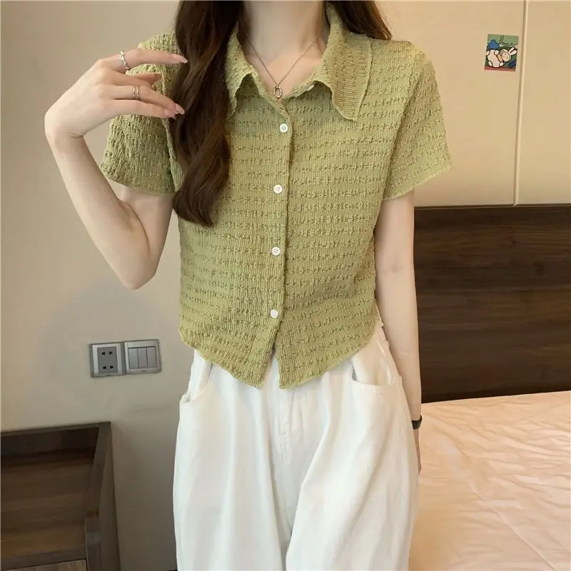 Sweet White Tops Y2k Solid Single-breasted Lace Blouses Women Retro Sexy Hollow Out Shirts Ladies Summer Fold Lace Tee Shirts