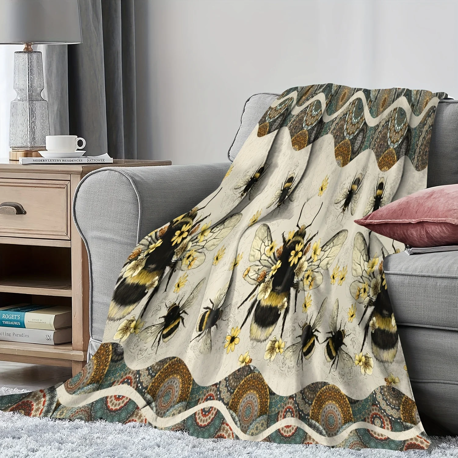 Bee Themed Art Digital Printing Throw Blanket - Cute Insect Motif Soft Lightweight Accent for Sofa Bed Travel Office
