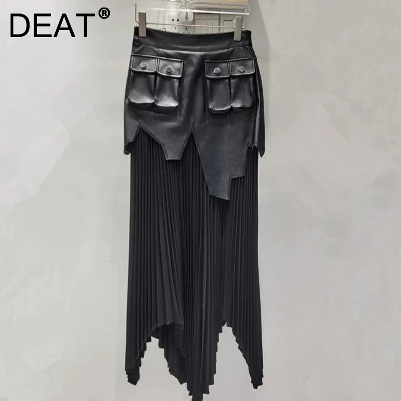 DEAT 2024 Winter New Fashion Black PU Patchwork Irregular Chiffon Skirts For Women High Street Versatile Skirt Female 11A01738