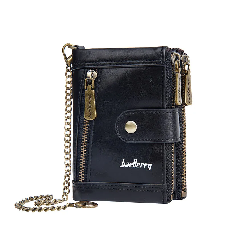 

Classic Retro Men Chain Wallet RFID Anti-Theft Man Pu Leather Bifold Wallet Double Zipper Coin Purse Credit Card Holder for Male