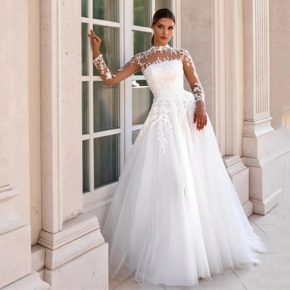 

White Wedding Dresses With Appliques A-Line Lace Bridal Dresses High-Neck Long Illusion Sleeves Tulle Bride Gown Customized