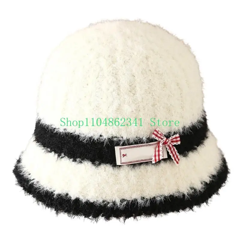 652F Furry Bucket Hat Bowknot Plaids for Outdoor Sports Furry Warm Oversized Headgear Hat for Winter