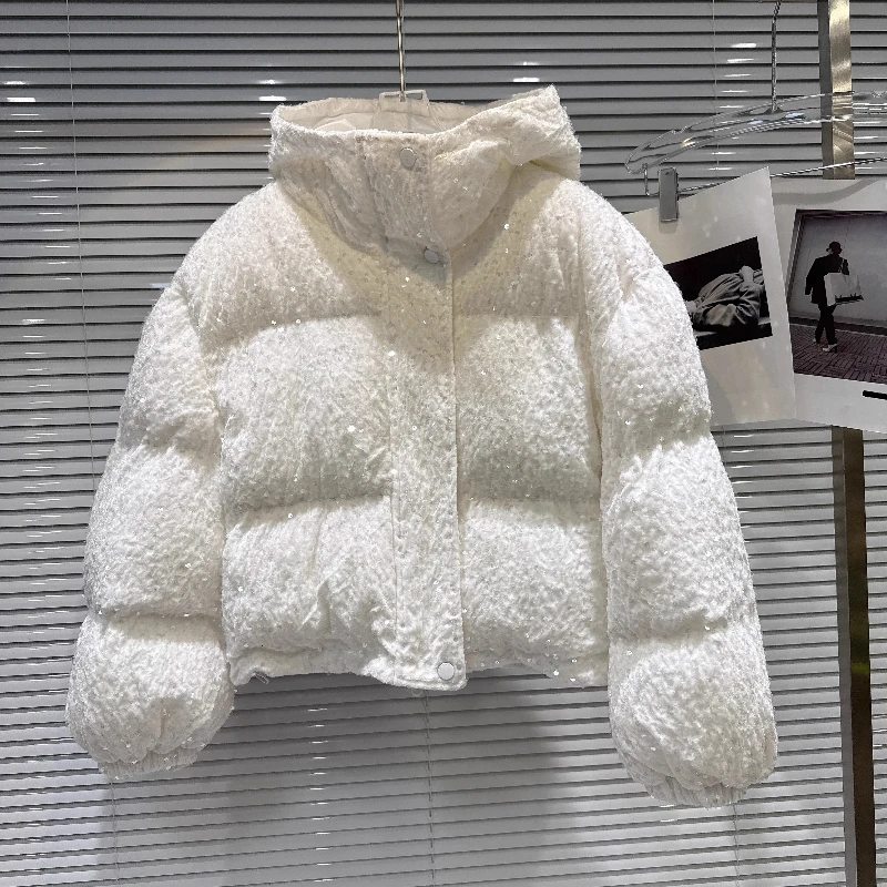 2025 겨울 신상 패셔너블 헤비 시퀸 따뜻한 후드 패딩 재킷, 면 코트 트렌디, 여성용 레드 아우터웨어