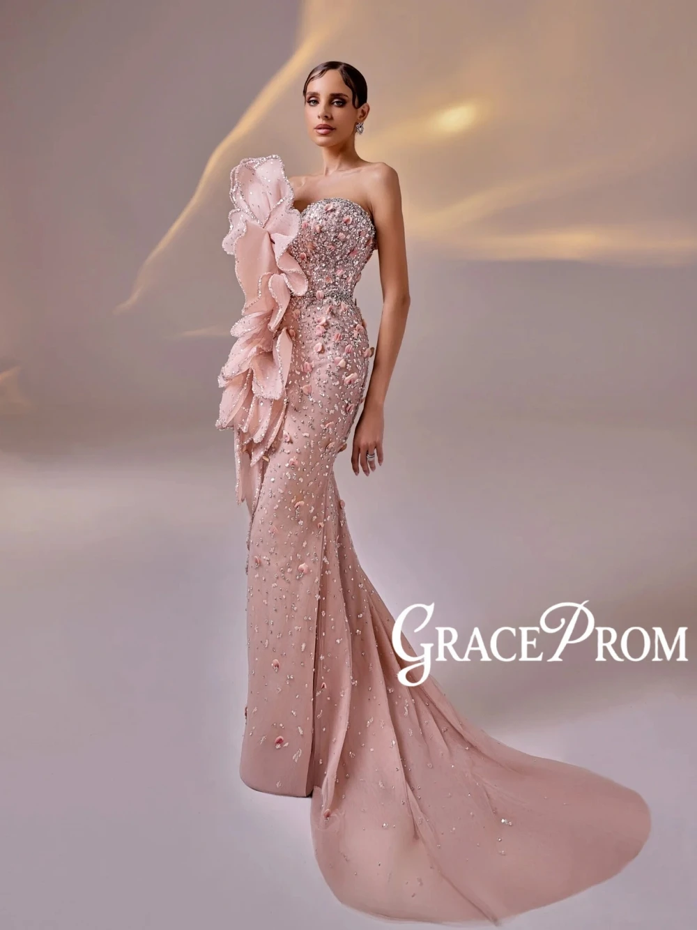 Elegante Vestido de Noche Rosa Pálido con Flores 3D, Delicados Pedreríos y Cuentas, Estilo Sirena, Vestido de Gala Árabe, Formal, Exquisito, Personalizado para Fiesta