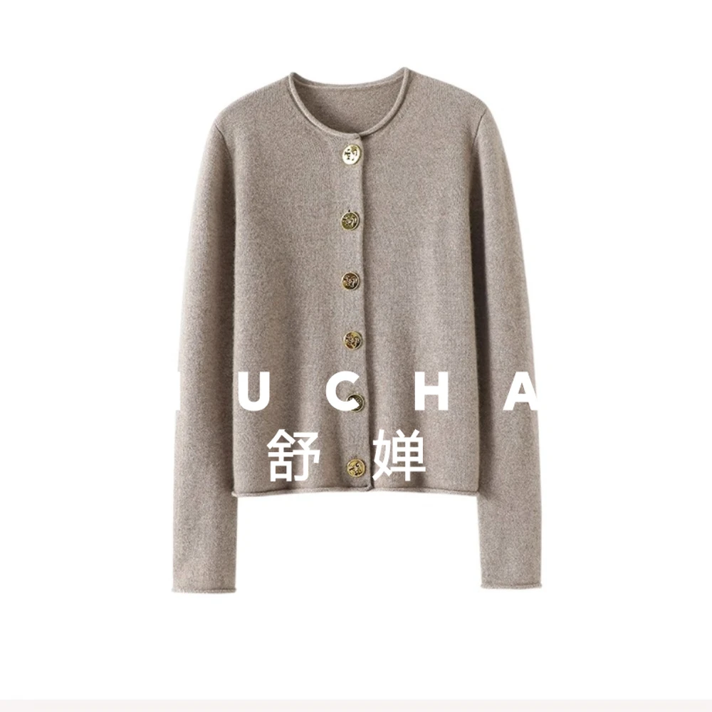 

Thickened 100% Pure Cashmere Cardigan Women's Crew Neck Pure Cashmere Sweater Knitted Jacket 310g