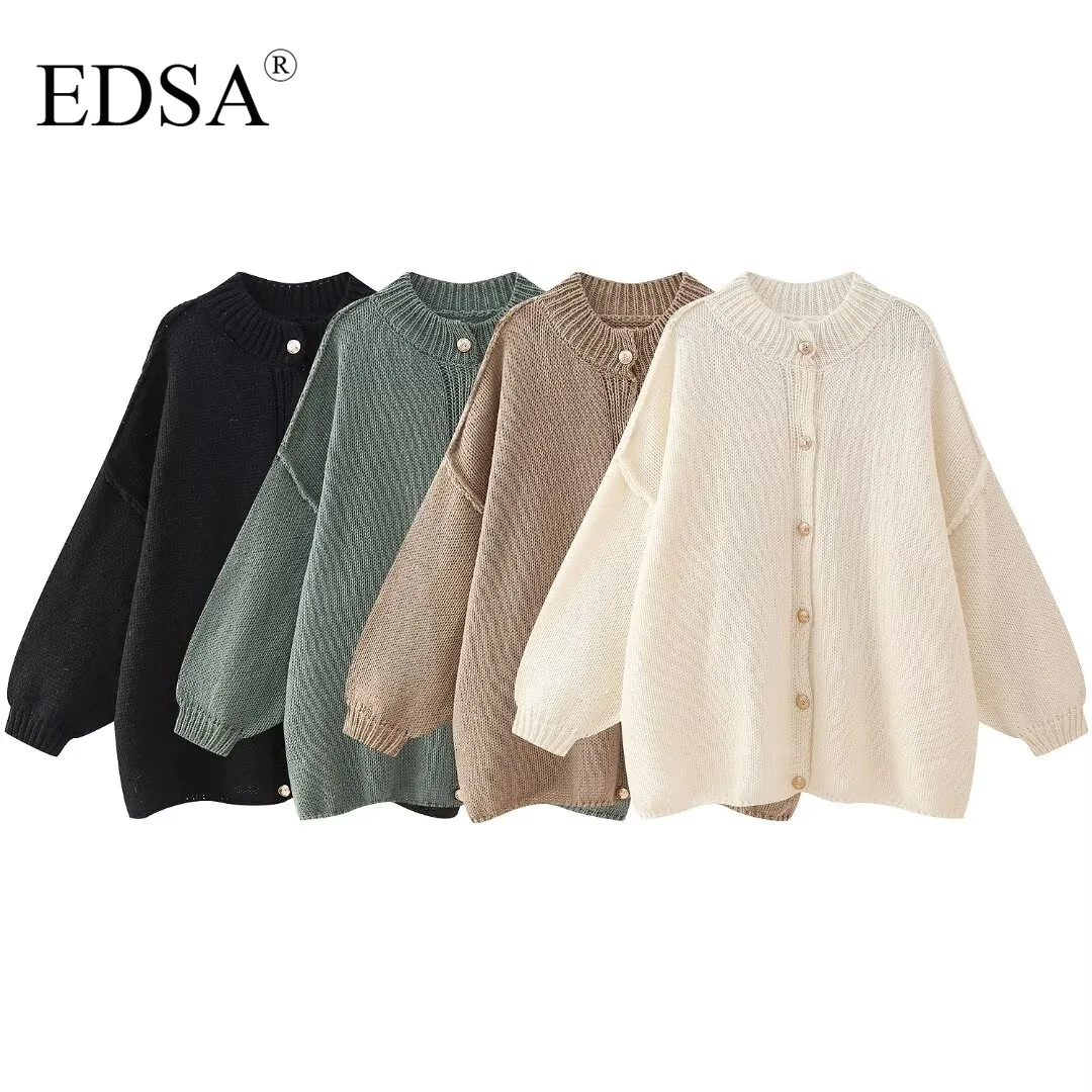 EDSA Women Basic Casual Loose Button Plain Knit Sweater Solid Coat New 2024 Autumn Winter Fasion Lazy Cozy Basic Sweater