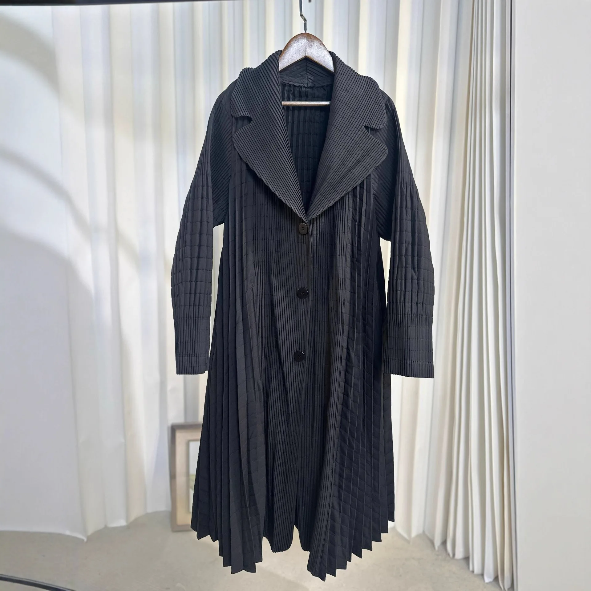Miyake Pleated Winter Jacket Warm Women's Cotton Coat Simple Loose-Fit Mid-Length Cotton Jacket Flap Collar Thickened Outerwear