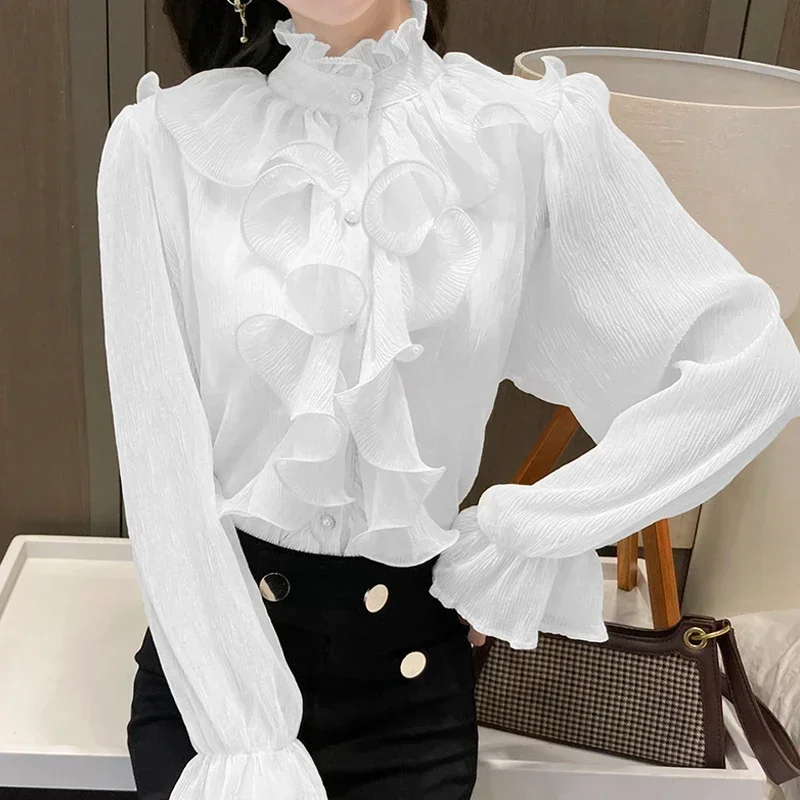 

Vintage Ruffles Clothes Elegant Lace Blouse Women Spring Stand Collar White Chiffon Shirt 2023 Long Puff Sleeve Loose Tops 12946