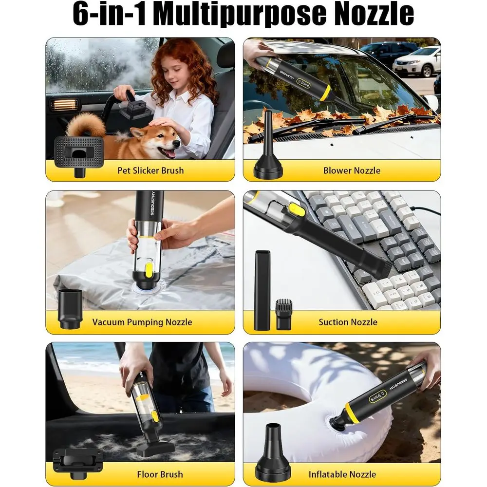 Mini aspirador portátil sem fio para carros, animais de estimação e casa com 3 modos de sucção e 6 bicos multiuso