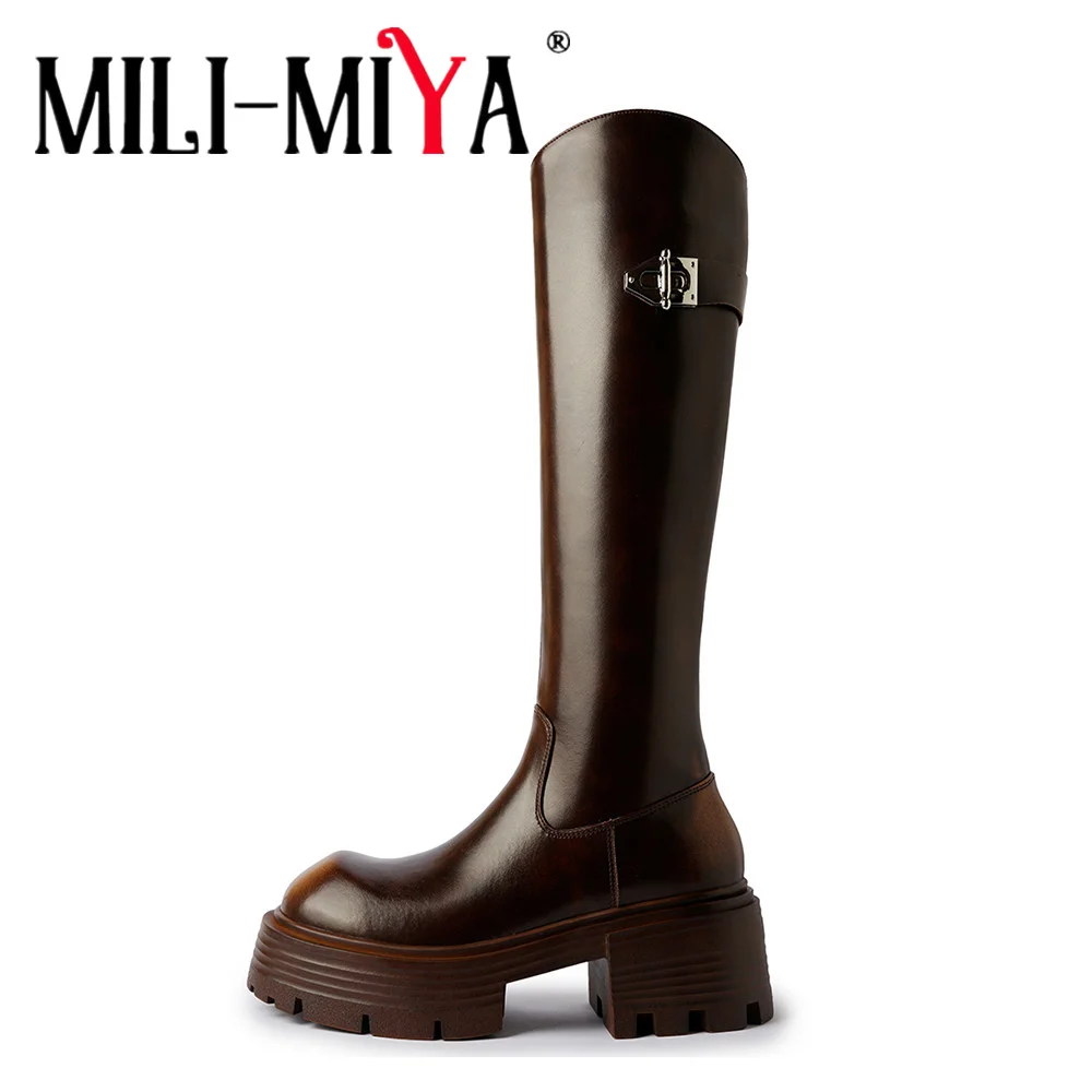 

MILI-MIYA 2024 Autumn Quality Leather Riding Knee High Boots Fashion Square Toe Chunky Middle Heel Banquet Versatile Shoes