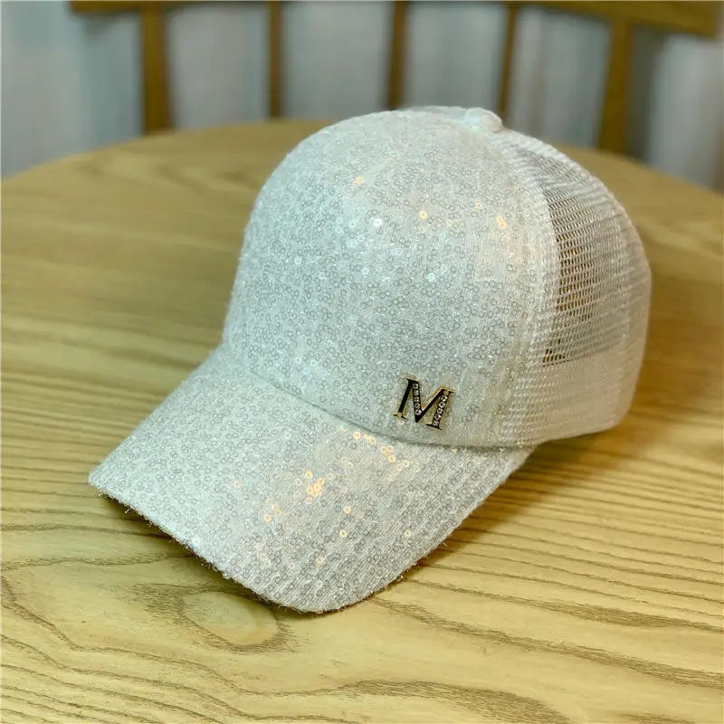 New Summer Hollow Breathable Mesh Sequin Baseball Cap Women's Fashion Rhinestone Letters Solid Color Sun Hat Hip Hop Chapeau