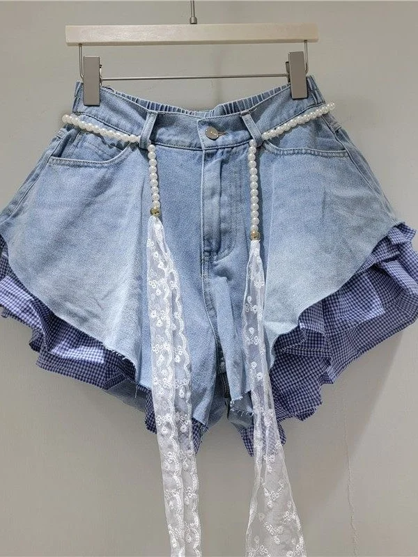 

Candy Colored Plaid Denim Shorts Women's Summer 2026 New Style Belted Slimming Design Korean High Waist Wide Leg Pants