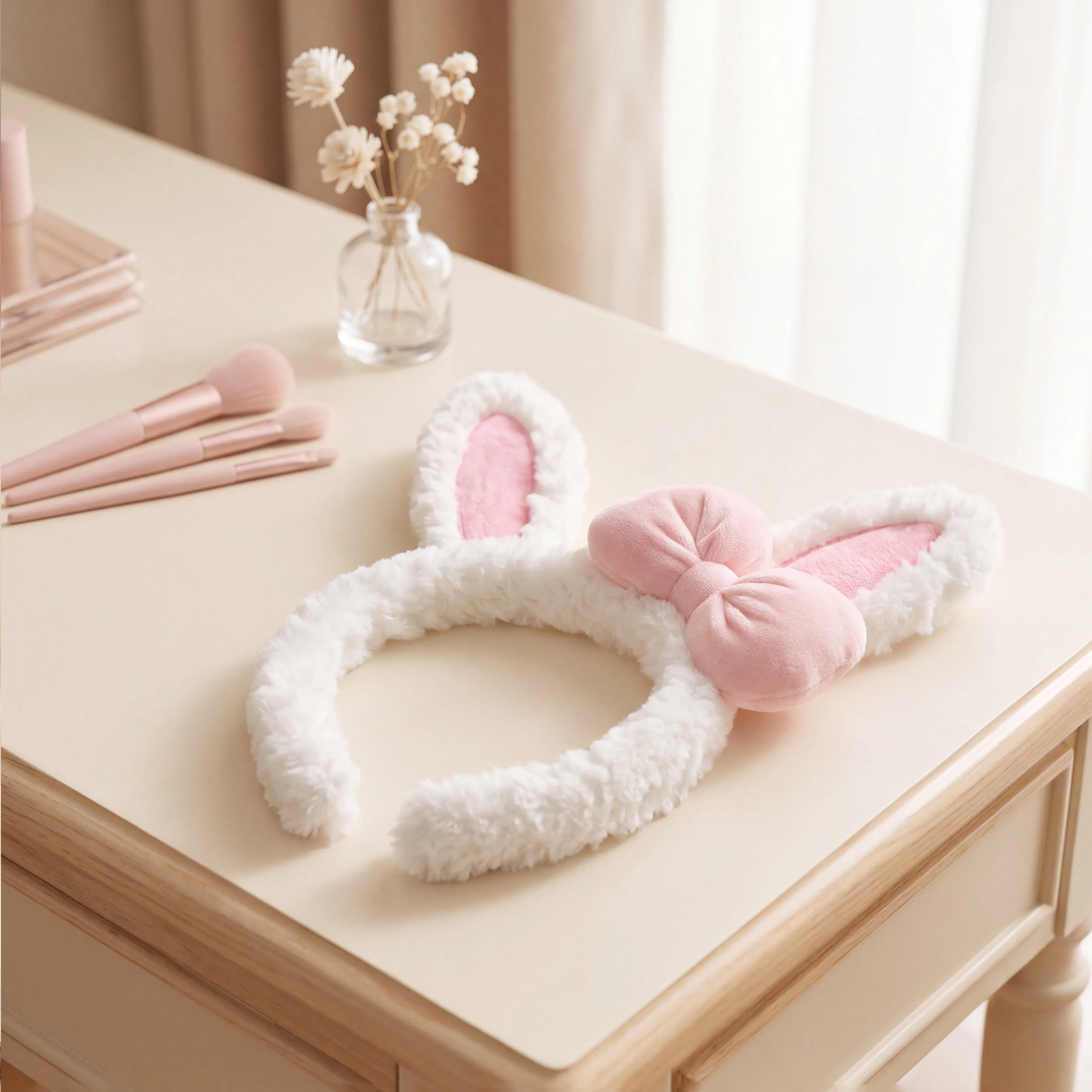 Cute Plush Rabbit Ear Hairband Headband Pink Bow Fluffy Hair Hoop Women Washing Face Spa Makeup Skincare Cosplay Hair Accessorie