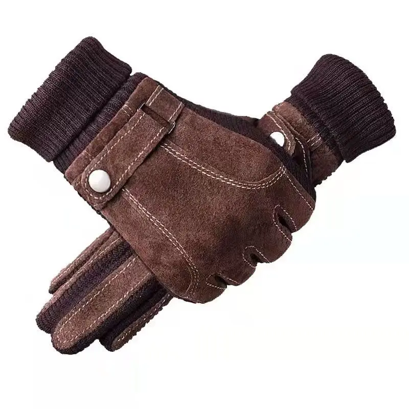 Leather Gloves for Men Winter Cycling Pig Skin Gloves Warm Fleece Business Thick Touch Screen Outdoor Motorcycle Non-slip Gloves