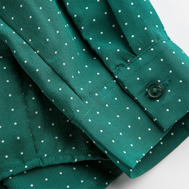 100% Mulberry Silk Women Long Sleeve Shirt Green Dots Printed Buttons Down Top Blouse office work ZY012