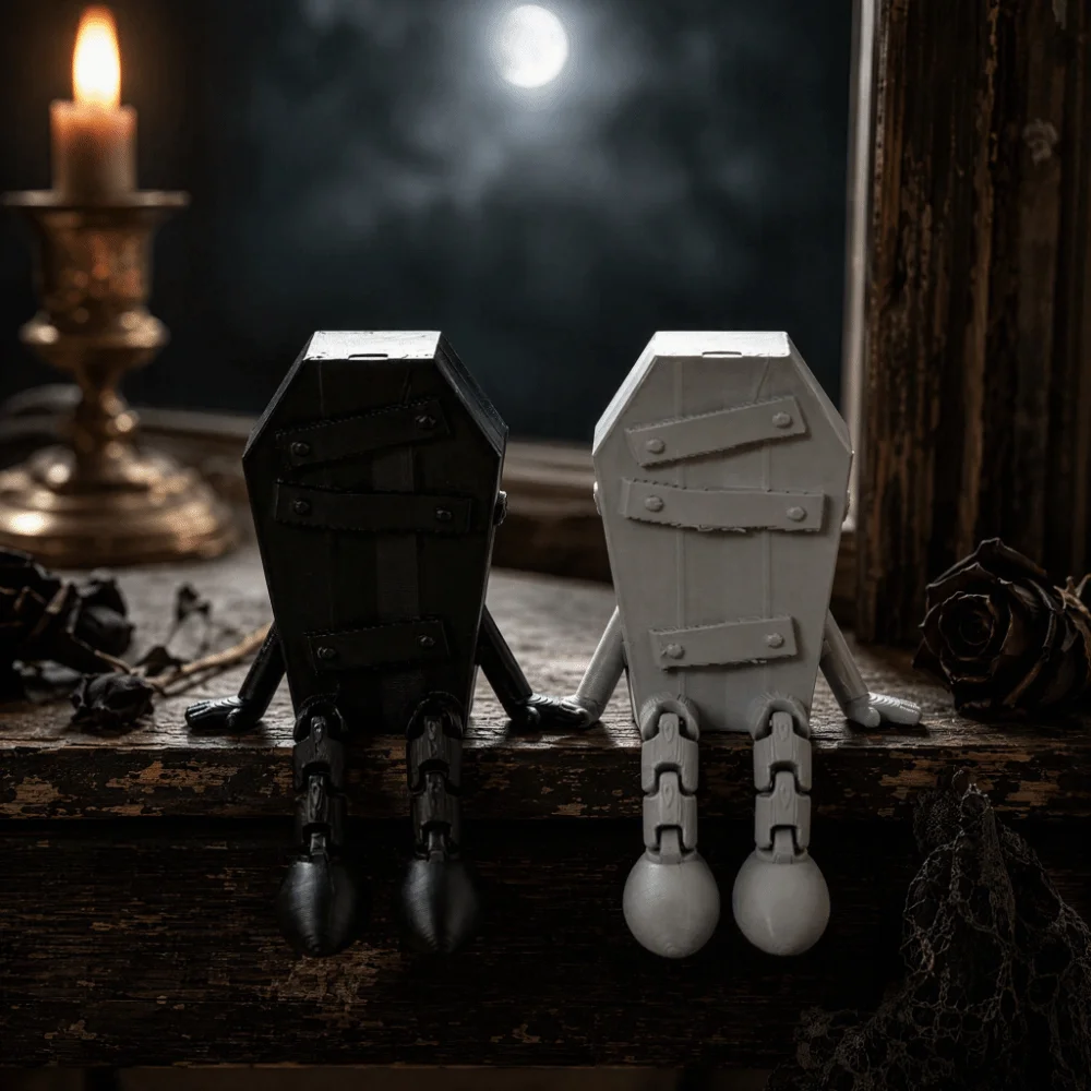 Funny 3D Printed Coffin Figurine Gothic Novelty Halloween Figure Ornament Simulation Unique Movable Joint Figurine Desktop Decor