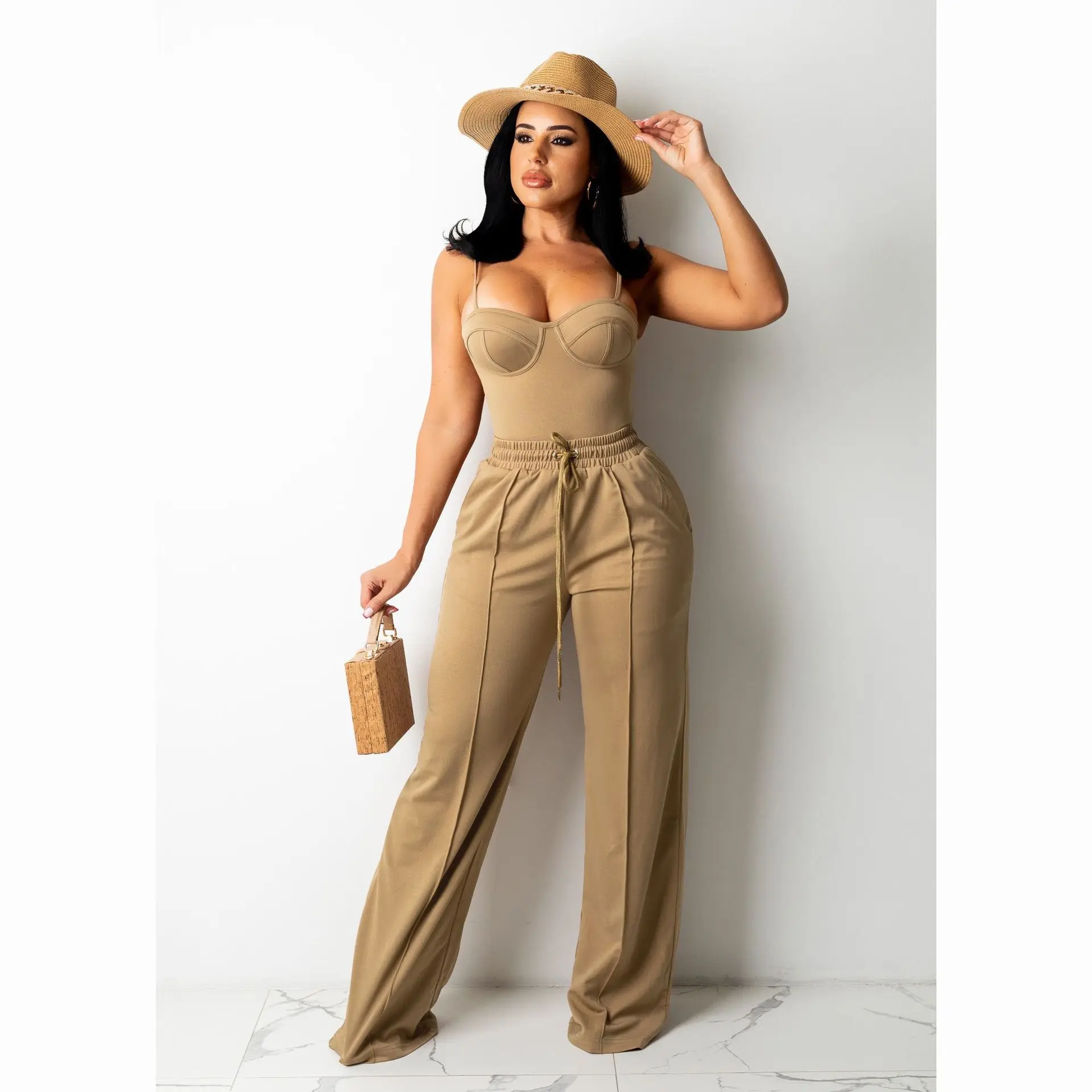 

Casual Women Tracksuit Two Piece Set Tank Top And Long Pants Spaghetti Strap Solid Color Clothes For Women Outfit