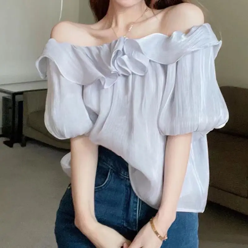 Women\'s Summer New Chiffon Blouses Fashion Sexy Solid Color Patchwork Ruffles Slash Neck Short Sleeve Slim Sweet Pullover Shirts