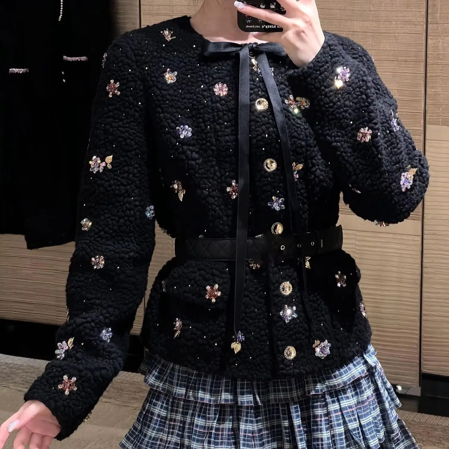 

Spring 2025 New Colored Diamond Lambswool Jacket Ribbon Bow Colorful Rhinestone Hand-studded Beaded Cardigan