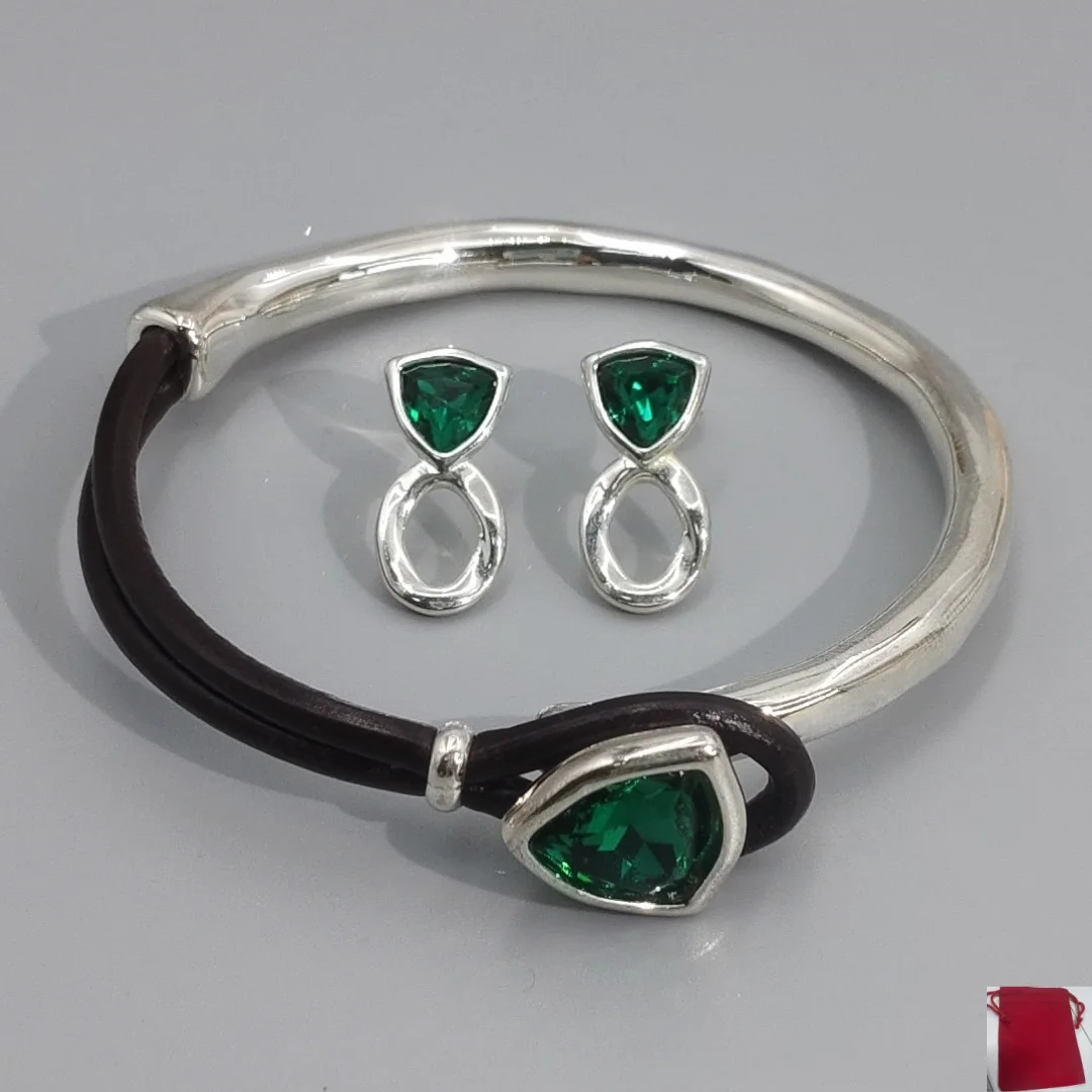 2026 Spain Daily High Quality Colored Zircon Earrings Leather Rope Bracelet Jewelry Set Surprise Gift